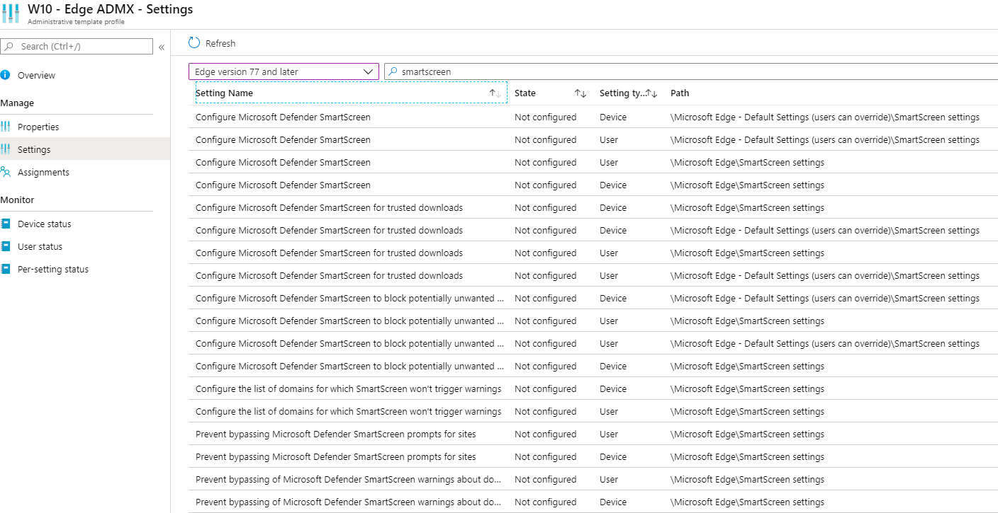 Settings tab in configuration profile